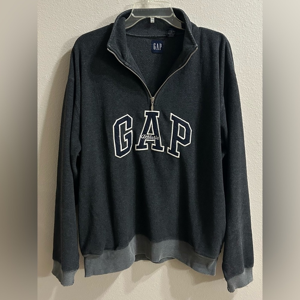 Y2K GAP Spellout Sweatshirt Mens Size L Gray Terry 1/4 Zip Preppy Trendy College